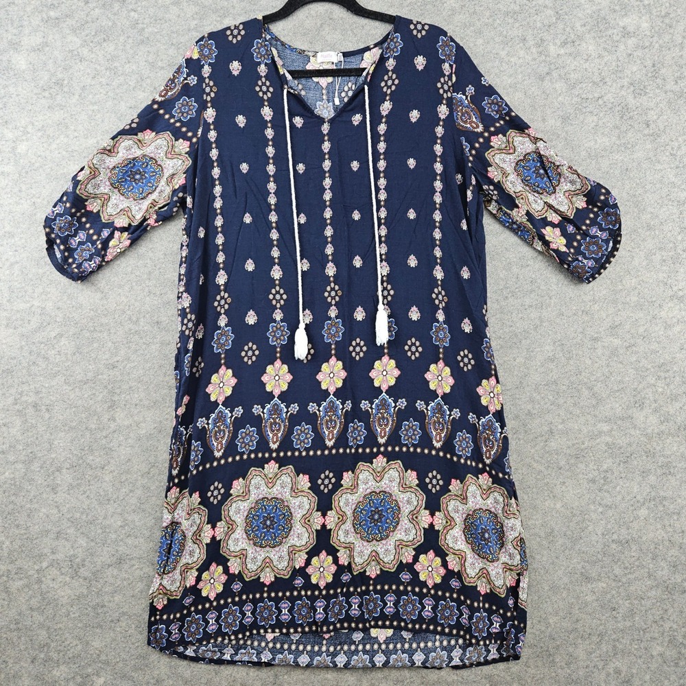 Halife Shift Dress Womens XXL Navy Blue Medallion Floral Tassel Tie 3/4 Sleeve